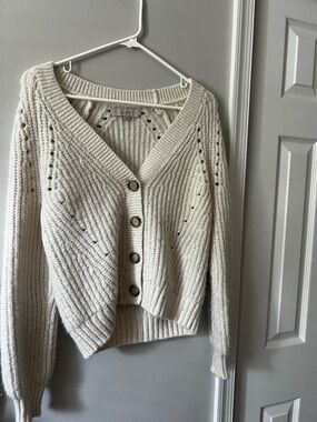 LOFT Cream Textured Ribbed Button-Up Cardigan